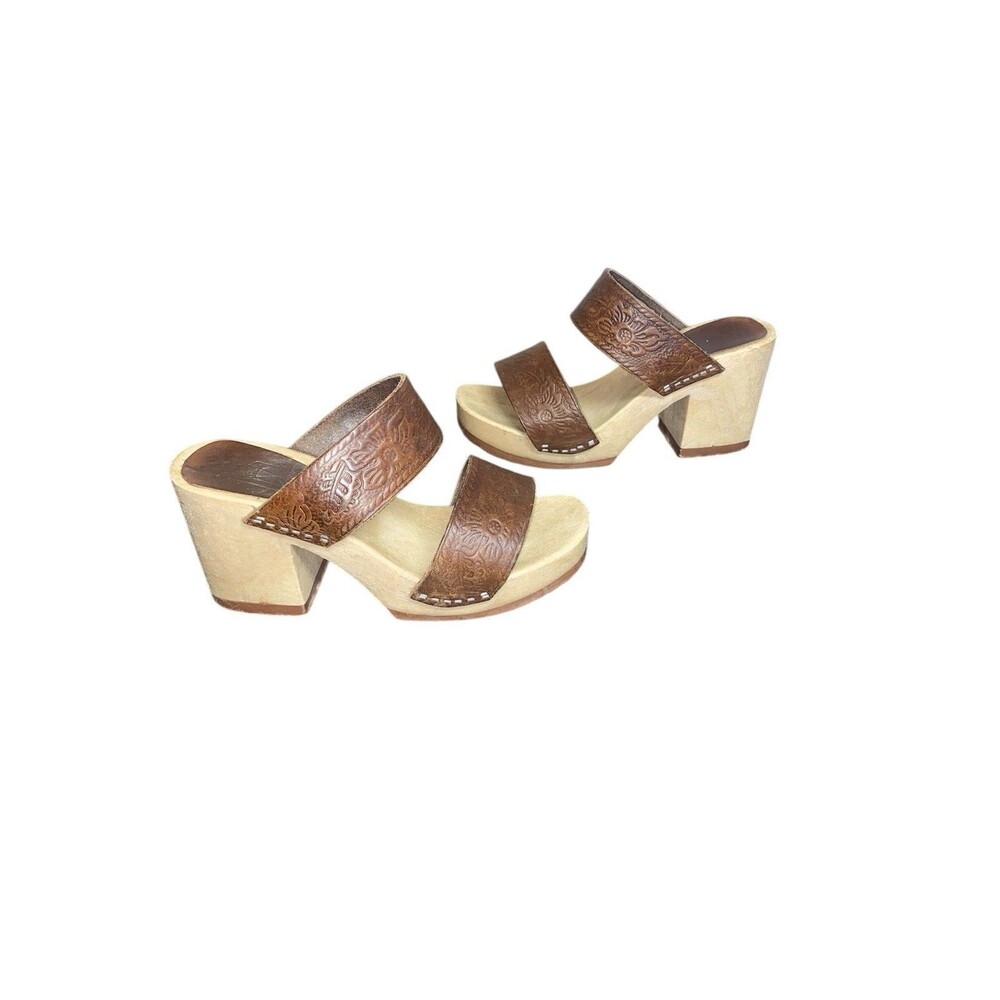 Made In Mexico 2 Strap Tooled Leather Platform Sandal Clog Heels Sz 6